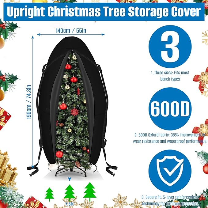 SIRUITON Christmas Tree Storage Bag for Upright , Waterproof Christmas Tree Cover with Zipper for 7.5 ft Tree, Heavy-Duty 600D Oxford Fabric, Tear-Resistant & UV Protection (Black, 7.5FT_600D_Thick)