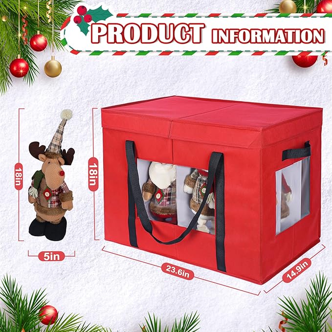 Christmas Figurine Storage Box, 24”x18”x15” Ornament Storage Box, 2025 UpgradeNutcracker Storage Box, Figurine Storage with Dividers, Adjustable Extent Area for Figurines and Pocket, Red
