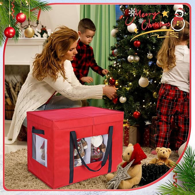 Christmas Figurine Storage Box, 24”x18”x15” Ornament Storage Box, 2025 UpgradeNutcracker Storage Box, Figurine Storage with Dividers, Adjustable Extent Area for Figurines and Pocket, Red