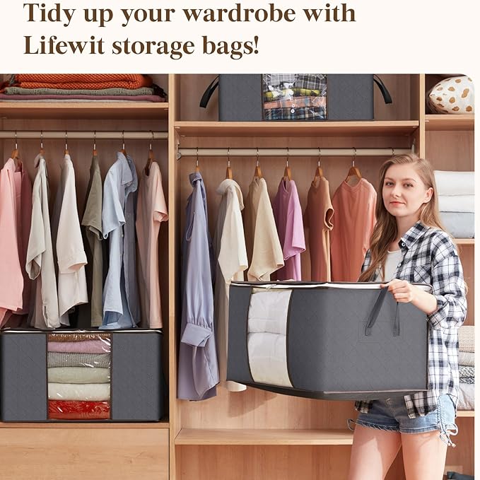 Lifewit Large Capacity Clothes Storage Bag Organizer with Reinforced Handle Thick Fabric for Comforters, Blankets, Bedding, Foldable with Sturdy Zipper, Clear Window, 21 Pack, 90L, Grey
