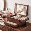 CHOSIN Black Walnut Jewelry Box for Women, 3-Level Multi-functional Organizer with Mirror for Watches, Necklaces, Rings & Earrings Storage Valentine's Day Gifts