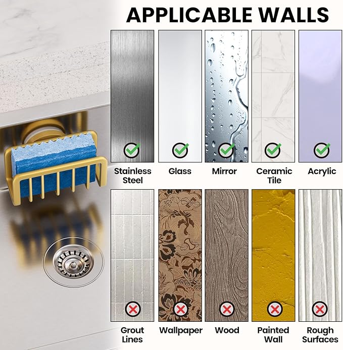 TAILI Sponge Holder for Kitchen Sink with Strong Suction Cup, Rustproof Aluminum Sink Caddy for Sponges, Removable Sponge Holder, Dish Brush for Scraper - Gold