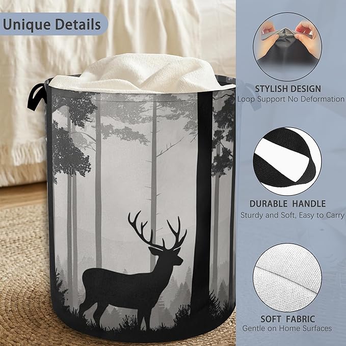 Deer Laundry Basket,Forest Foldable with Handles Tote Bag Oxford Cloth for Bathroom Bedroom Dirty Clothes Storage Bucket 16" x 20.8"