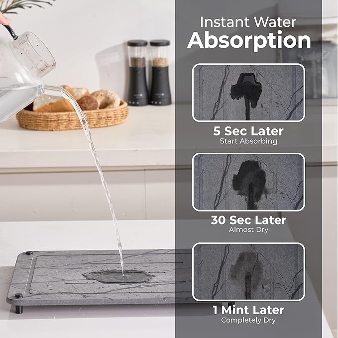 Stone Dish Drying Mat for Kitchen Counter, 2PCS Quick Dry Stone Dishes Mats, Water Absorbing Diatomaceous Earth Drying Pad for Bottles Dish Cups(Dark Gray 15.7"x11.8" & 8"x5")