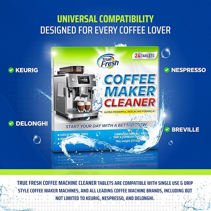 True Fresh Coffee Maker Cleaner descaler Tablets - 24 Count, Coffee pot cleaner Compatible with keurig, ninja nespresso and espresso coffee machines of all types
