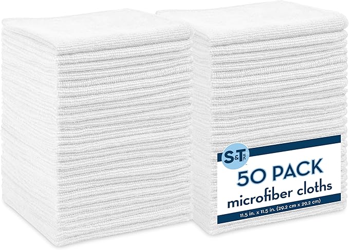 S&T INC. 50 Pack Microfiber Cleaning Cloth, Bulk Towels for Home, Reusable Microfiber Towels for Cars, Cleaning Rags, White, 11.5 Inches x 11.5 Inches, 50 Count