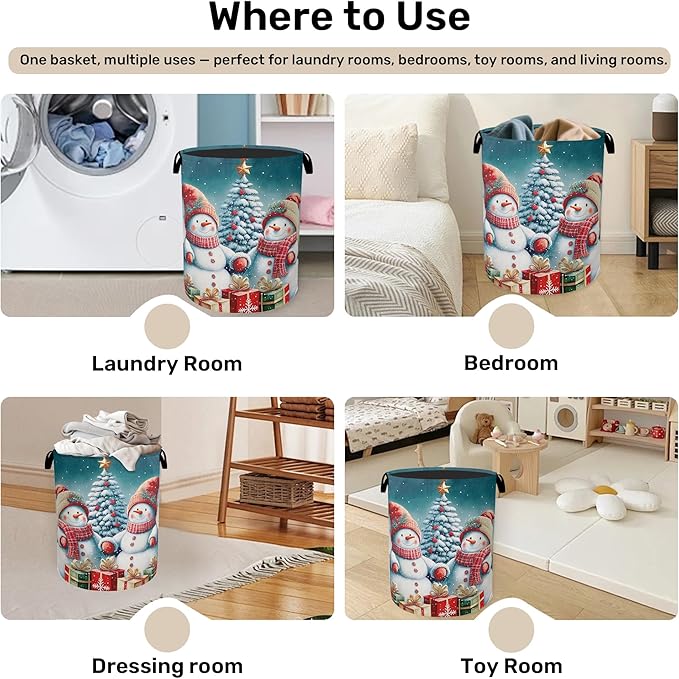 Cute Winter Snowman Laundry Basket - Heavy Duty 60L Dirty Clothes Organizer, Water Resistant Foldable Hamper for Men Women