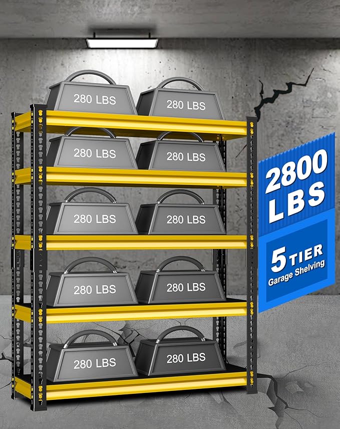 SDXYSTCE 48" W Garage Storage Shelves Heavy Duty, 2800LBS Loads Adjustable Garage Shelving, 5-Tier Metal Shelving Units and Storage Racks, Industrial Utility Shelf,48''Wx18''Dx78''H, Yellow