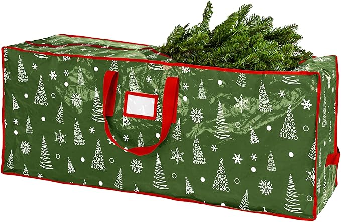 Christmas Tree Storage Bag - Stores 9 Foot Artificial Xmas Holiday Tree, Zippered Bag, Durable Waterproof Material, Carry Handles - Protects Against Dust, Insects and Moisture (Green Printed)