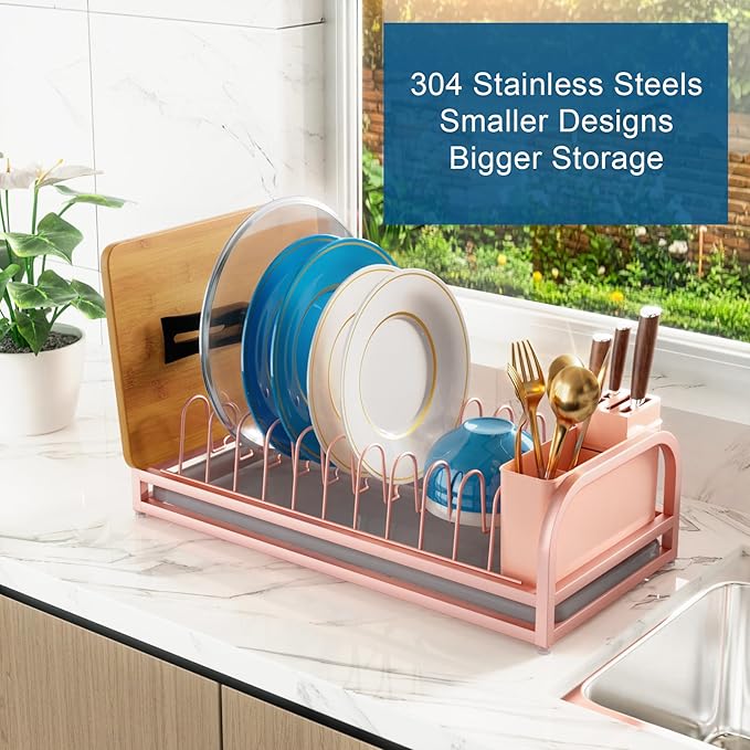 YEYPOP Pink Dish Rack - Small Dish Drying Rack for Limitied Kitchen Counter, Narrow Stainless Steel Dish Drainer w Tray, Cutlery Holder, Cute Kitchen Appliances Organizer for A Lovely You