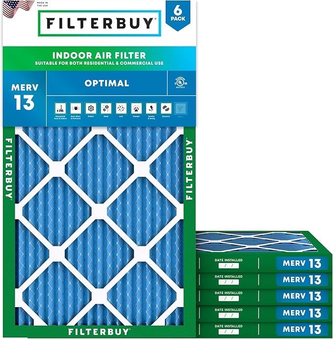 Filterbuy 9.5x29.5x1 Air Filter MERV 13 Optimal Smoke & Allergy Defense (6-Pack), Electrostatic Pleated HVAC AC Furnace Filters Replacement, Made in USA (Actual Size: 9.50 x 29.50 x 0.75)