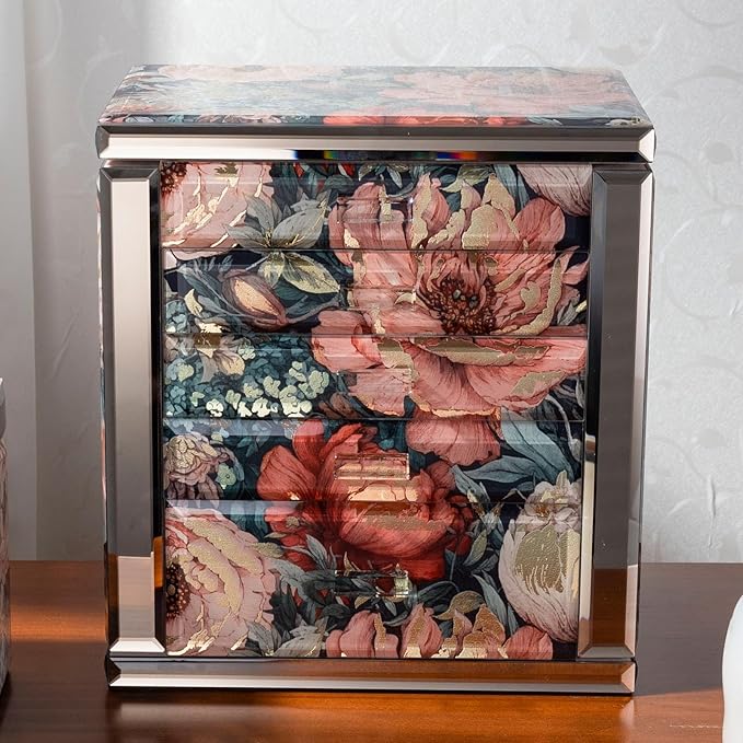 Glass Vintage Painting Jewelry Box,5-Layer Storage Case,Art Desktop Decorations Gift for Women,Jewelry Organizer For Necklaces Rings Earrings Bracelets