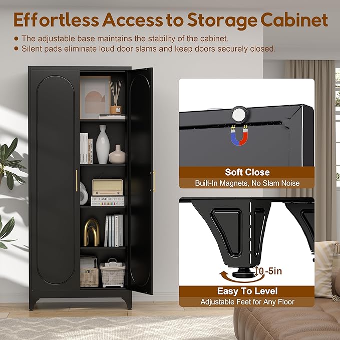 75" Tall Pantry Storage Cabinet, Tall Kitchen Pantry Storage Cabinet with Doors and 4 Adjustable Shelves, Freestanding Cupboard for Kitchen, Dining Room, Living Room, Bathroom, Black