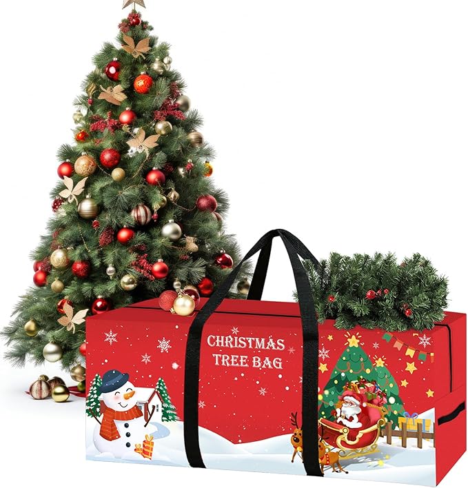 Christmas Tree Storage Bag 7.5 Ft Large Christmas Tree Bag with Reinforced Handles & Dual Zippers Wide Opening, Heavy Duty Oxford Fabric Xmas Ornament Storage Box Protects From Moisture, Dust (Red)