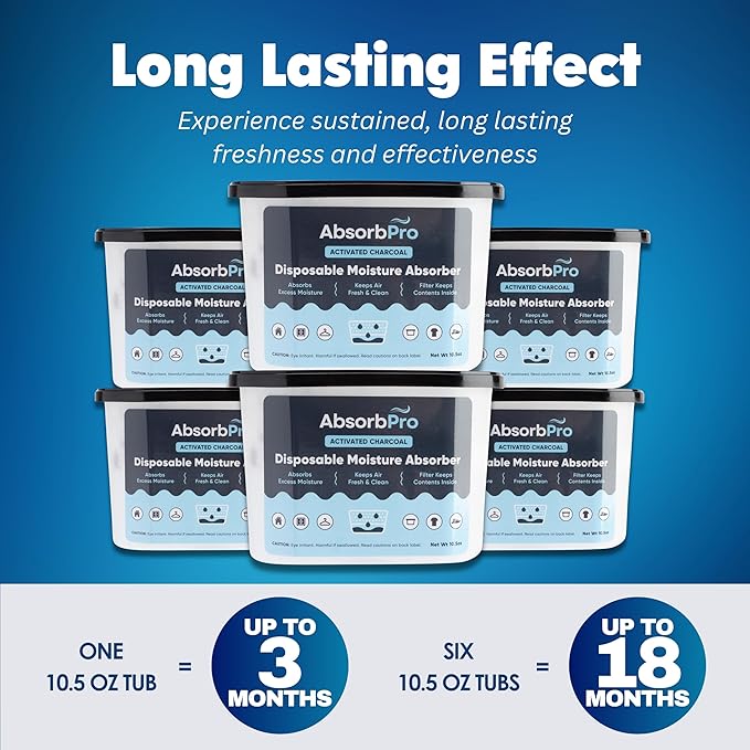 Absorb Pro - Moisture Absorber Tub with Activated Charcoal - 6-Pack - 10.5 oz Disposable Odor Eliminator Box & Dehumidifier for Garage, Home, Kitchen, Bedroom, Bathroom, Closet, Cars, and Boats