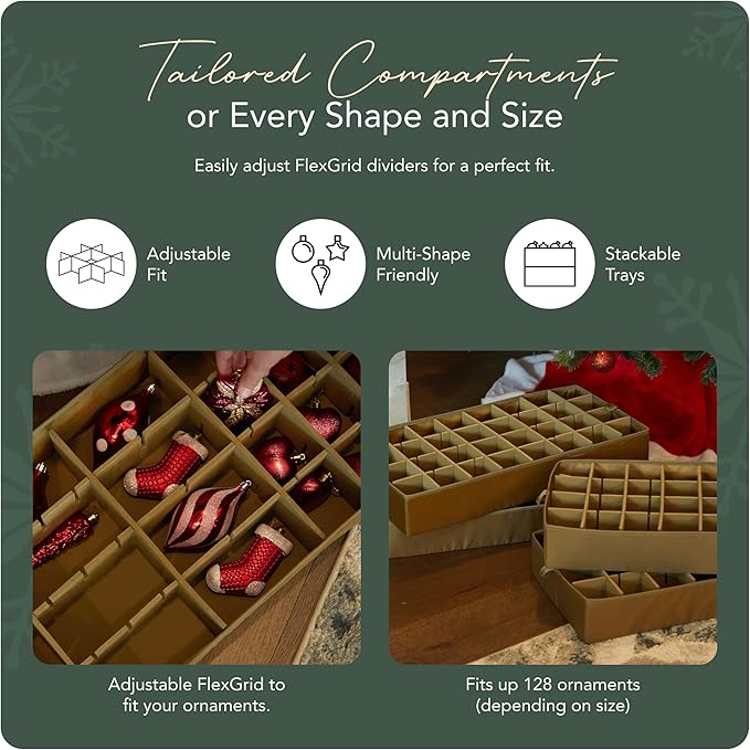 Covermates Keepsakes Adjustable Ornament Storage Bag – Heavy-Duty Polyester, Padded Dividers & FlexGrid Trays – Protective Holiday Ornament Organizer with Handles & Label Window, Red