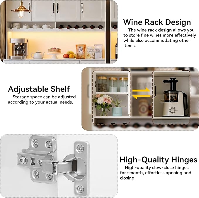 72" Tall Kitchen Pantry Cabinet with Charging Station 55" Wide Kitchen Hutch Cabinet with LED Light and Countertop Large Kitchen Pantry Storage Cabinet With Adjustable Shelves and Wine Rack