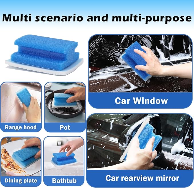 Magic Sponge Brush with Handle, Magic Sponge Eraser Handy-Grip with 10 Scouring Refill Pads 2 Reusable Scrubber, Scrub Pad Singles with Handle for Bathroom, Sink, Stovetops, Patio Furniture