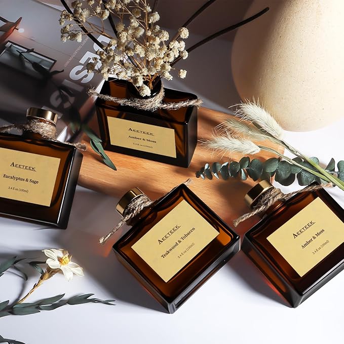 Reed Diffuser, Teakwood & Tobacco Essential Oil Diffuser with Dried Flowers, 3.4 oz Musk Scented Oil, Handmade Home Decor Air Freshener, Long-Lasting Room Scent for Office, Bathroom