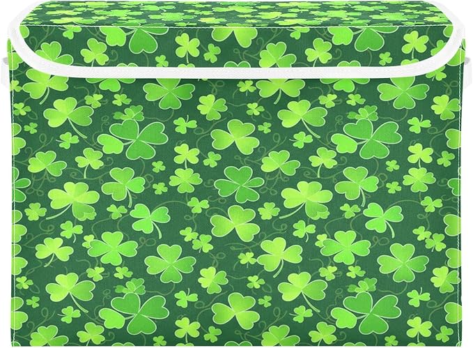 Bolaz Clover St Patrick Day Storage Bins with Lids and Handles, Foldable Storage Box Storage Basket with Cover Collapsible Organizer Containers for Home Closet, Shelves