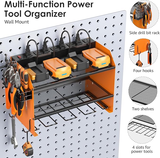 CCCEI Modular Power Tool Organizer Wall Mount with Charging Station. Garage Drill Storage Shelf with Hooks, Heavy Duty Rack, Tool Battery Holder Built in 8 Outlet. Gift for Men. Orange, 1 Pack.