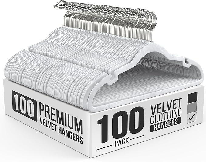 100 Pack Velvet Hanger for Shirt Pants Dresses Skirts Suits Jackets - Slim Space Saving Design - Standard Coat Hanger - Sturdy & Durable Design with Shoulder Grooves Hook