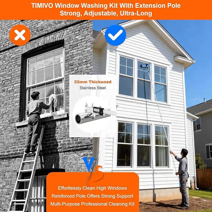 152'' Window Cleaning Kit, 2 in 1 Window Squeegee with Extension Poles, Window Cleaner Tools for Indoor/Outdoor High Window, Car, Glass