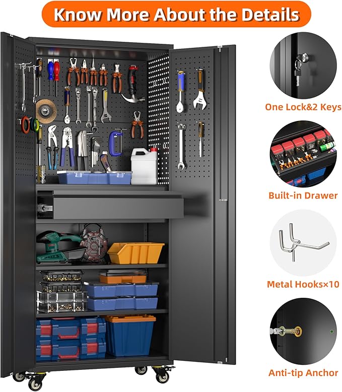 Aobabo Metal Storage Cabinet with Wheels and Adjustable Pegboard, 71" H Steel Rolling Cabinet with 16 Hooks and 1 Interior Drawers for Garage, Home, Office, Kitchen, Black, Assembly Required