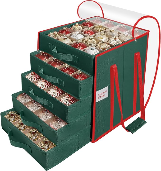 Christmas Ornament Storage Box, Stores Up to 100 Count 3 Inch Ornaments, 5 Individual Trays, Adjustable Dividers, 600D Oxford Fabric, Large Organizer Bin to Protect and Store Holiday Décor
