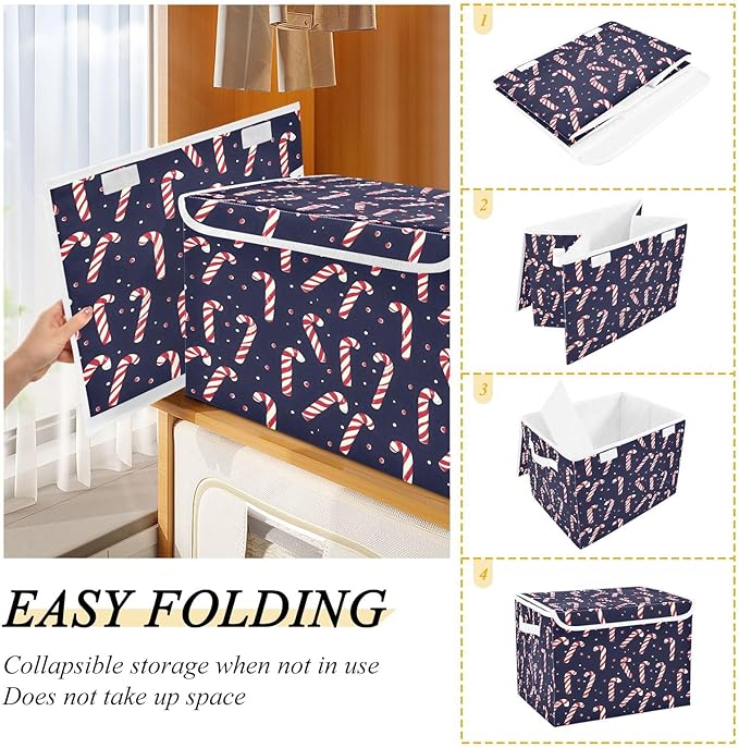 Bolaz Storage Bins with Lids and Handles,Christmas Candy Cane Pattern Storage Box Basket with Cover Collapsible Organizer Containers for Home Closet, Shelves