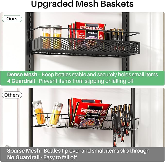 SNTD Over the Door Pantry Organizer - 8 Tier Adjustable Pantry Door Spice Organizer, Large Capacity Hanging Door Spice Rack for Kitchen Pantry Organizers and Storage (Black, 17" W x 6" D x 69" H)