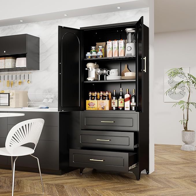 Kitchen Pantry Storage Cabinets with 3 Drawer, 75" Tall Metal Storage Cabinet with Doors and Shelves, Black Food Pantry, Steel Office Cabinet, Large Cupboard, for Kitchen, Dining, Living Room