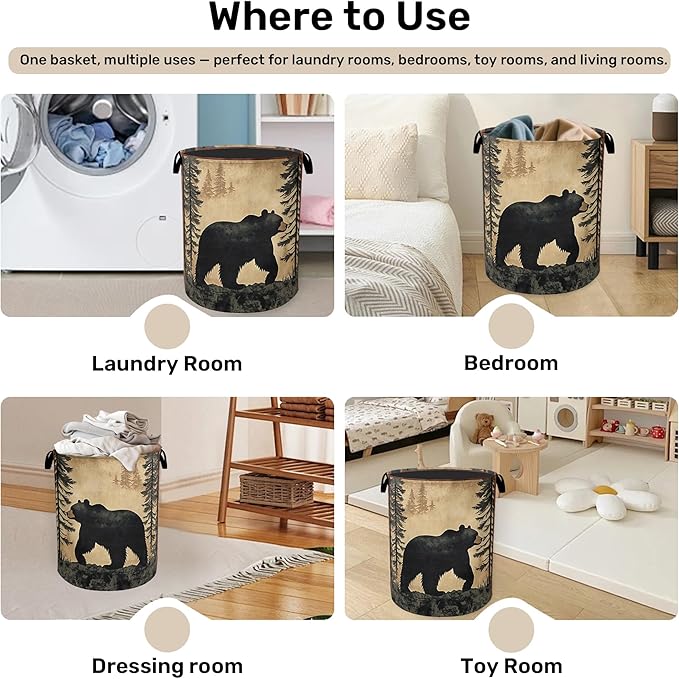 Bear Mountain Laundry Basket - Cabin Laundry Hamper, Heavy Duty 60L Dirty Clothes Organizer, Water Resistant Foldable Hamper for Men Women
