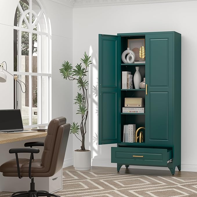 75" Kitchen Pantry Cabinet with Drawer, Tall Storage Cabinet with Doors and 4 Shelves, Metal Storage Cabinets for Kitchens, Living Room, Dinning Room, Assembly Required, Green