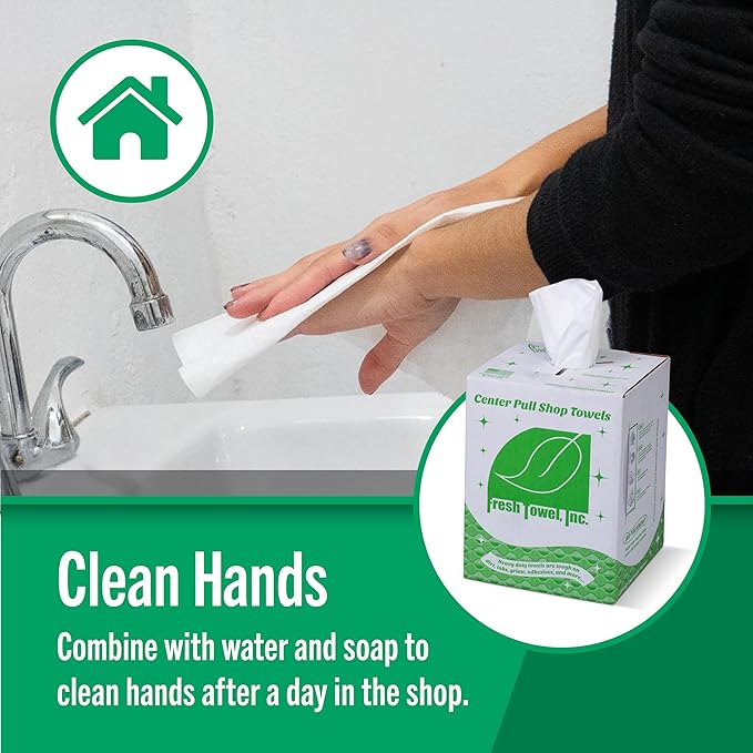 Fresh Towel Ultra Strong Center Pull Shop Towels - (1 Box of 300) Disposable Cleaning Towels - White, 9 x 12 inches - FT500