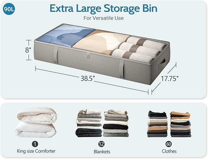 TidyCorner 2-Pack Under Bed Storage Containers, 8 Inches Tall Underbed Clothes Storage Organizer Bin with Sturdy Sidewalls/Bottom, Under the Bed Storage Bags 2 Storage Bins, Light Grey