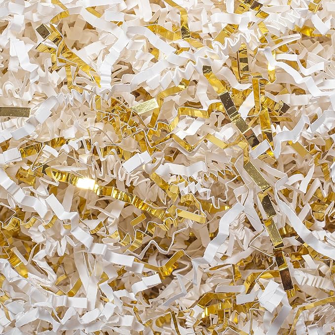 Mefleet 1 LB Crinkle Cut Paper Shred Filler White & Gold Crinkle Shredded Paper for Gift Box - Gift Basket Bag Filler - Grass Cushion Stuffing for Christmas Holiday Packaging Wrapping