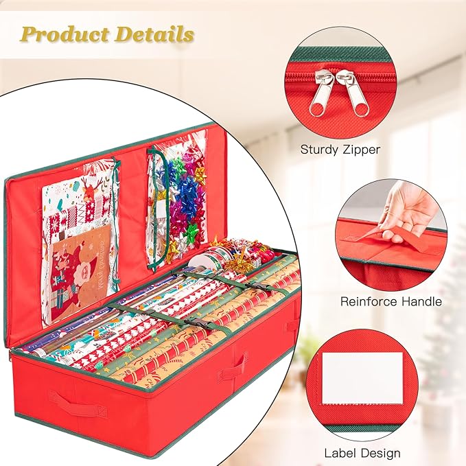 Criusia Gift Wrapping Paper Organizer Storage, Durable Underbed Storage Container Fits 24 Rolls, with Removable Dividers and Pockets for Ribbon, Ornaments, Holiday Accessories, Red