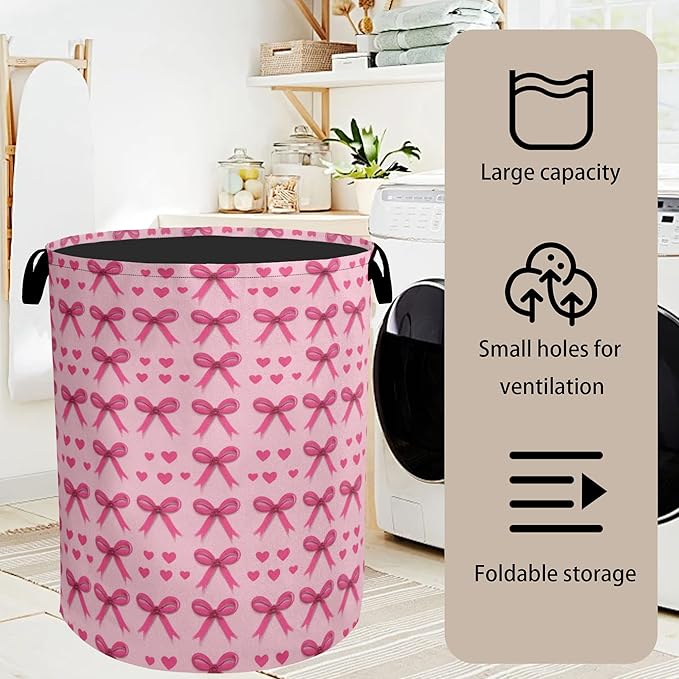 Pink Bow Laundry Hamper - Pink Laundry Basket with Handles, Space Saving Foldable Design for Nursery, Dirty Clothes Storage Basket for Women Girls