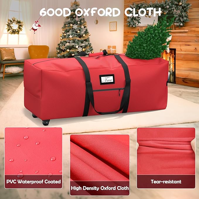 Mrrihand Christmas Tree Storage Bag, Large Artificial Anti-Tear Heavy-Duty 600D Oxford Cloth Xmax Christmas Tree Storage Box with Rolling Wheels, Christmas Tree Storage Container (Red, 7.5Ft)