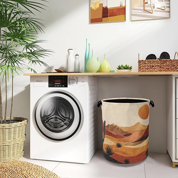 Mountains Sun Laundry Basket,Cactus Desert Oxford Cloth Laundry Hamper with Handle Foldable Portable Clothes Storage Basket for Bathroom Bedroom Dorm Room 16" x 20.8"