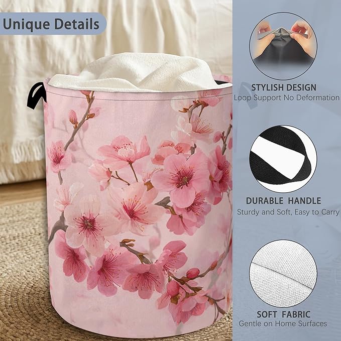 Cherry Blossoms Laundry Basket,Japanese Foldable Oxford Cloth Tote Bag Laundry Hamper Clothes Storage Bucket Organizer for Bedroom Laundry Storage Dormitories 16" x 20.8"