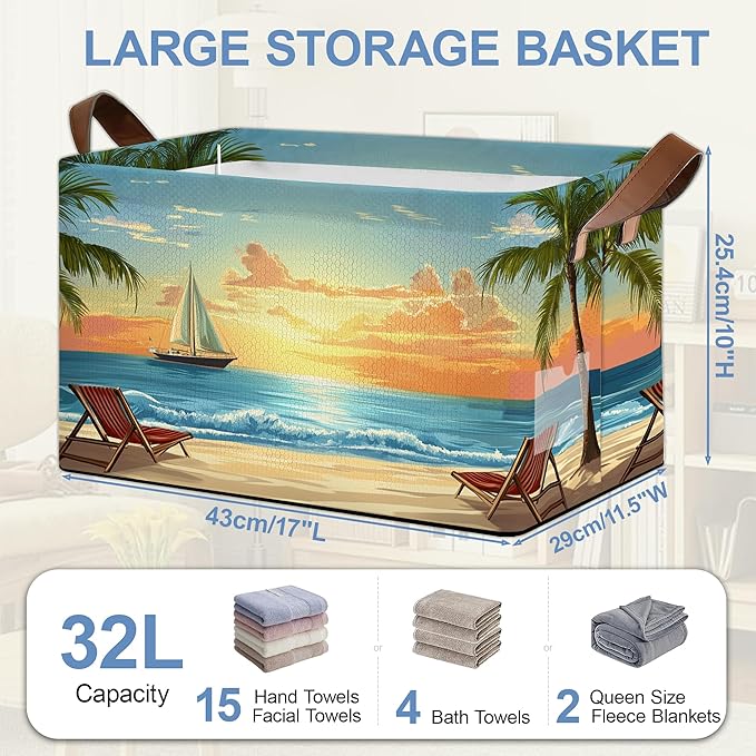 Tropical Palm Tree Storage Basket with Handles,Sunset Beach Collapsible Rectangle Organizer Bin for Room Decoration Books Box Baskets 17x11.5x10Inch