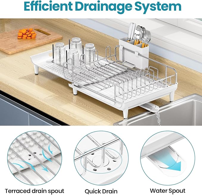TOOLF Expandable Dish Rack, Dish Drying Rack for Kitchen Counter, Foldable Dish Dryer Rack, Stainless Steel Dish Drainer Racks with Cutlery Holder, Collapsible Dish Drying Racks Large Size, White