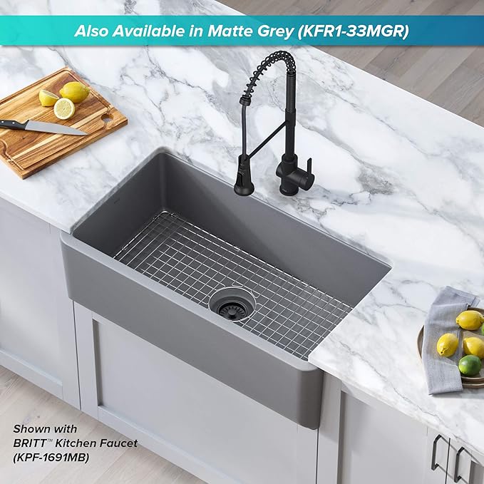 KRAUS Turino 33-inch Farmhouse Reversible Apron Front Fireclay Single Bowl Kitchen Sink in Matte White, KFR1-33MWH