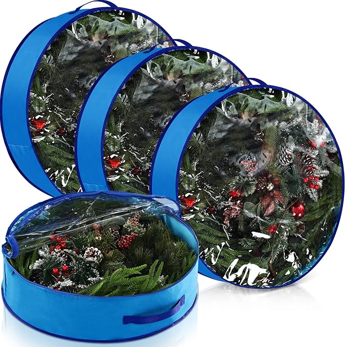 4 Pack Wreath Storage Container, 30 Inch Christmas Wreath Storage Box with Clear Window and Handles Upgrade Oxford Cloth Garland Bags with Dual Zipper for Xmas Wrapping, Blue
