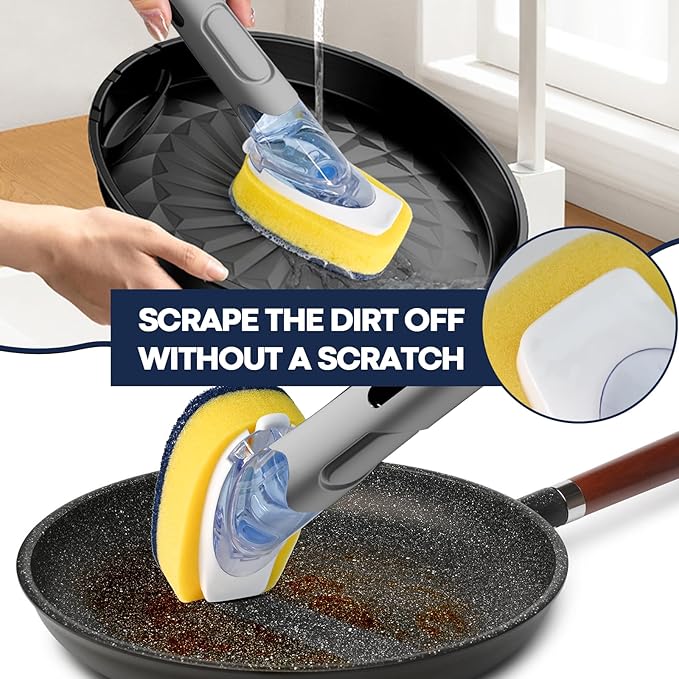 Dish Brush with Soap Dispenser Storage Set with 2 PCS Sponge Refills & Holder, Soap Dispensing Dish Brushes, Sponge with Soap Dispenser Handle, Dish Sponges with Handle for Dishes Pans Pots Sink(Gray)