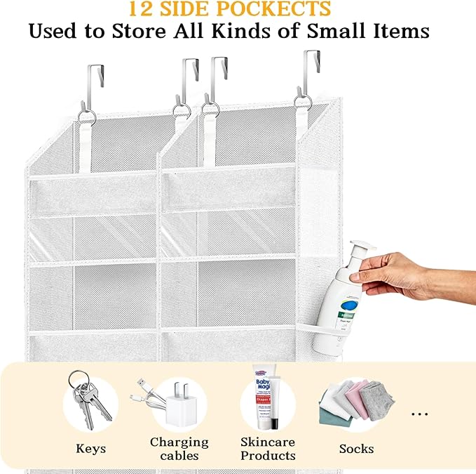 Over The Door Organizer 6 Tiers, Extra Large Behind Door Storage of 12 Compartments, 80 lbs Weight Capacity Hanging Storage Organizer with Clear Window Kids Toys, Shoes,Diapers, Room Storage, White