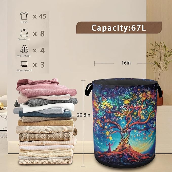 Cosmic Tree Laundry Hamper,Collapsible Laundry Baskets,Tree of Life Dirty Clothes Baskets with Handles,Oxford Cloth Hamper for Bedroom,Bathroom,College Dorms, 16"x20"