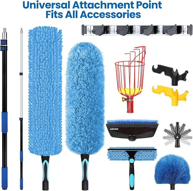 25ft High Ceiling Duster Kits with 5-18ft Heavy Duty Extension Pole - Fan Blade Cleaner, Cobweb Remover & Blue Window Squeegee Kit, Washable Dust Brush for High Roof and Glass Surfaces